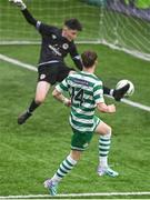 29 October 2023; Brody Lee of Shamrock Rovers shoots to score his side's first goal during the EA SPORTS U15 LOI Michael Hayes Cup match between St Patrick Athletic and Shamrock Rovers at Athlone Town Stadium in Westmeath. Photo by Eóin Noonan/Sportsfile