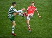 29 October 2023; Sam Kierans of St Patricks Athletic in action against Maxim Kovalevskis of Shamrock Rovers during the EA SPORTS U15 LOI Michael Hayes Cup match between St Patrick Athletic and Shamrock Rovers at Athlone Town Stadium in Westmeath. Photo by Eóin Noonan/Sportsfile
