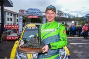 29 October 2023; Josh Moffett with his Hyundai I20 R5 celebrates after winning the 2023 National Rally Championship during the Fastnet Stages Rally Round 8 of the Triton Showers National Rally Championship in Bantry, Cork. Photo by Philip Fitzpatrick/Sportsfile