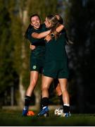 29 October 2023; Players, from left, Abbie Larkin, Izzy Atkinson and Kyra Carusa during a Republic of Ireland women training session at Shkodra Football Club in Shkoder, Albania. Photo by Stephen McCarthy/Sportsfile