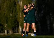29 October 2023; Players, from left, Abbie Larkin, Izzy Atkinson and Kyra Carusa during a Republic of Ireland women training session at Shkodra Football Club in Shkoder, Albania. Photo by Stephen McCarthy/Sportsfile