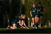 29 October 2023; Players, from left, Megan Connolly, Denise O'Sullivan and Sinead Farrelly during a Republic of Ireland women training session at Shkodra Football Club in Shkoder, Albania. Photo by Stephen McCarthy/Sportsfile