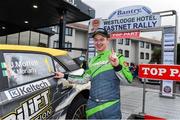 29 October 2023; Josh Moffett in a Hyundai I20 R5 celebrates after winning the 2023 National Rally Championship during the Fastnet Stages Rally Round 8 of the Triton Showers National Rally Championship in Bantry, Cork. Photo by Philip Fitzpatrick/Sportsfile