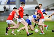 29 October 2023; Cormac Quinn of Errigal Ciaran in action against Lee Brennan and Daniel Donnelly of Trillick during the Tyrone County Senior Club Football Championship Final between Trillick and Errigal Ciaran at Healy Park in Omagh, Tyrone. Photo by Oliver McVeigh/Sportsfile Photo by Oliver McVeigh/Sportsfile