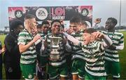 29 October 2023; Shamrock Rovers players celebrate with the cup after the EA SPORTS U15 LOI Michael Hayes Cup match between St Patrick Athletic and Shamrock Rovers at Athlone Town Stadium in Westmeath. Photo by Eóin Noonan/Sportsfile