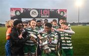 29 October 2023; Shamrock Rovers players celebrate with the cup after the EA SPORTS U15 LOI Michael Hayes Cup match between St Patrick Athletic and Shamrock Rovers at Athlone Town Stadium in Westmeath. Photo by Eóin Noonan/Sportsfile