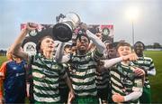 29 October 2023; Shamrock Rovers players celebrate with the cup after the EA SPORTS U15 LOI Michael Hayes Cup match between St Patrick Athletic and Shamrock Rovers at Athlone Town Stadium in Westmeath. Photo by Eóin Noonan/Sportsfile