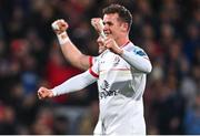 29 October 2023; Billy Burns of Ulster celebrates after team-mate Tom Stewart, not seen, scores their side's first try during the United Rugby Championship match between Ulster and Vodacom Bulls at Kingspan Stadium in Belfast. Photo by Tyler Miller/Sportsfile