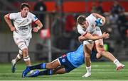 29 October 2023; Jude Postlethwaite of Ulster is tackled by Johan Grobbelaar of Vodacom Bulls during the United Rugby Championship match between Ulster and Vodacom Bulls at Kingspan Stadium in Belfast. Photo by Tyler Miller/Sportsfile