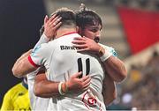 29 October 2023; Jacob Stockdale of Ulster, 11, celebrates with team-mate Tom O'Toole after scoring their side's second try during the United Rugby Championship match between Ulster and Vodacom Bulls at Kingspan Stadium in Belfast. Photo by Tyler Miller/Sportsfile