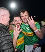 29 October 2023; Cathal Mulholland, left, and Stevie O'Hara of Glen celebrate after the Derry County Senior Club Football Championship final match between Glen and O'Donovan Rossa at Celtic Park in Derry. Photo by Ben McShane/Sportsfile