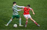 29 October 2023; Harry Leonard of St Patricks Athletic in action against Harry Murray of Shamrock Rovers during the EA SPORTS U15 LOI Michael Hayes Cup match between St Patrick Athletic and Shamrock Rovers at Athlone Town Stadium in Westmeath. Photo by Eóin Noonan/Sportsfile