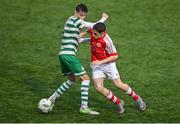 29 October 2023; Harry Leonard of St Patricks Athletic in action against Harry Murray of Shamrock Rovers during the EA SPORTS U15 LOI Michael Hayes Cup match between St Patrick Athletic and Shamrock Rovers at Athlone Town Stadium in Westmeath. Photo by Eóin Noonan/Sportsfile