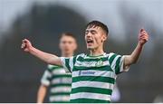 29 October 2023; Cian Kenna of Shamrock Rovers celebrates at the final whistle during the EA SPORTS U15 LOI Michael Hayes Cup match between St Patrick Athletic and Shamrock Rovers at Athlone Town Stadium in Westmeath. Photo by Eóin Noonan/Sportsfile