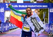 29 October 2023; Kemal Husen celebrates after winning the men's event during the 2023 Irish Life Dublin Marathon. Thousands of runners took to the Fitzwilliam Square start line, to participate in the 42nd running of the Dublin Marathon. Photo by Sam Barnes/Sportsfile