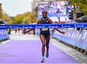 29 October 2023; Amente Sorome Negash celebrates winning the women's event during the 2023 Irish Life Dublin Marathon. Thousands of runners took to the Fitzwilliam Square start line, to participate in the 42nd running of the Dublin Marathon. Photo by Sam Barnes/Sportsfile