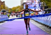 29 October 2023; Amente Sorome Negash celebrates winning the women's event during the 2023 Irish Life Dublin Marathon. Thousands of runners took to the Fitzwilliam Square start line, to participate in the 42nd running of the Dublin Marathon. Photo by Sam Barnes/Sportsfile