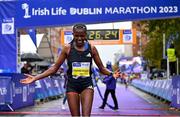 29 October 2023; Amente Sorome Negash celebrates winning the women's event during the 2023 Irish Life Dublin Marathon. Thousands of runners took to the Fitzwilliam Square start line, to participate in the 42nd running of the Dublin Marathon. Photo by Sam Barnes/Sportsfile