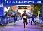 29 October 2023; Amente Sorome Negash celebrates winning the women's event during the 2023 Irish Life Dublin Marathon. Thousands of runners took to the Fitzwilliam Square start line, to participate in the 42nd running of the Dublin Marathon. Photo by Sam Barnes/Sportsfile
