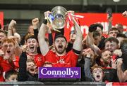 29 October 2023; Rory Brennan of Trillick lifts the O'Neill cup after the Tyrone County Senior Club Football Championship Final between Trillick and Errigal Ciaran at Healy Park in Omagh, Tyrone. Photo by Oliver McVeigh/Sportsfile Photo by Oliver McVeigh/Sportsfile