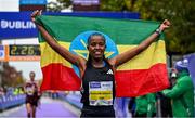 29 October 2023; Amente Sorome Negash celebrates winning the women's event during the 2023 Irish Life Dublin Marathon. Thousands of runners took to the Fitzwilliam Square start line, to participate in the 42nd running of the Dublin Marathon. Photo by Sam Barnes/Sportsfile