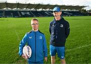 30 October 2023; Pictured at the RDS Arena in Dublin is Leinster Rugby head coach Leo Cullen with 'Culture Captain' Andrew McCarthy who has been brought into the squad environment ahead of this weekend's match versus Edinburgh Rugby. The move comes as part of Energia's Rugby for All initiative which seeks to drive participation in rugby among those with physical and learning differences. For more info, see energia.ie/rugbyforall. Photo by Harry Murphy/Sportsfile