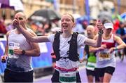 29 October 2023; Frances Murray celebrates finishing the 2023 Irish Life Dublin Marathon. Thousands of runners took to the Fitzwilliam Square start line, to participate in the 42nd running of the Dublin Marathon. Photo by Sam Barnes/Sportsfile