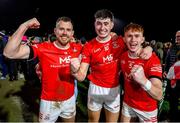 29 October 2023; Stevie O’Donnell, Ciaran Daly and Seanie O’Donnell of Trillick celebrate after the Tyrone County Senior Club Football Championship Final between Trillick and Errigal Ciaran at Healy Park in Omagh, Tyrone. Photo by Oliver McVeigh/Sportsfile Photo by Oliver McVeigh/Sportsfile