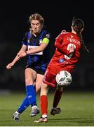 29 October 2023; Lucy Fitzgerald of Athlone in action against Savannah Keogh of Shelbourne during the EA SPORTS U17 Women's Cup final match between Shelbourne and Athlone Town at Athlone Town Stadium in Westmeath. Photo by Eóin Noonan/Sportsfile