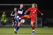 29 October 2023; Aoife Murphy O'Connor of Athlone in action against Lucy O'Rourke of Shelbourne during the EA SPORTS U17 Women's Cup final match between Shelbourne and Athlone Town at Athlone Town Stadium in Westmeath. Photo by Eóin Noonan/Sportsfile