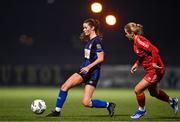 29 October 2023; Aoife Murphy O'Connor of Athlone in action against Lucy O'Rourke of Shelbourne during the EA SPORTS U17 Women's Cup final match between Shelbourne and Athlone Town at Athlone Town Stadium in Westmeath. Photo by Eóin Noonan/Sportsfile