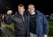 29 October 2023; Trillick manager Jody Gormley and his son James celebrate after the Tyrone County Senior Club Football Championship Final between Trillick and Errigal Ciaran at Healy Park in Omagh, Tyrone. Photo by Oliver McVeigh/Sportsfile Photo by Oliver McVeigh/Sportsfile