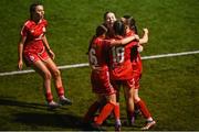 29 October 2023; Rebecca Devereux of Shelbourne, right, celebrates with team-mates after scoring her side's first goal during the EA SPORTS U17 Women's Cup final match between Shelbourne and Athlone Town at Athlone Town Stadium in Westmeath. Photo by Eóin Noonan/Sportsfile