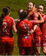 29 October 2023; Rebecca Devereux of Shelbourne, centre, celebrates with team-mates after scoring her side's first goal during the EA SPORTS U17 Women's Cup final match between Shelbourne and Athlone Town at Athlone Town Stadium in Westmeath. Photo by Eóin Noonan/Sportsfile