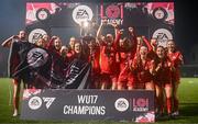 29 October 2023; Shelbourne players celebrate with the cup after the EA SPORTS U17 Women's Cup final match between Shelbourne and Athlone Town at Athlone Town Stadium in Westmeath. Photo by Eóin Noonan/Sportsfile