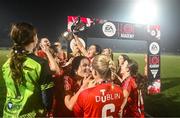 29 October 2023; Shelbourne players celebrate with the cup after the EA SPORTS U17 Women's Cup final match between Shelbourne and Athlone Town at Athlone Town Stadium in Westmeath. Photo by Eóin Noonan/Sportsfile