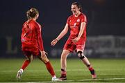 29 October 2023; Katie Norton of Shelbourne, right, celebrates with team-mate Katie Ray after the EA SPORTS U17 Women's Cup final match between Shelbourne and Athlone Town at Athlone Town Stadium in Westmeath. Photo by Eóin Noonan/Sportsfile