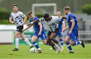28 October 2023; Frantz Pierrot of Athlone Town in action against Waterford players Barry Crowe Baggley, left, and Rowan McDonald during the SSE Airtricity Men's First Division Play-Off semi-final second leg match between Waterford and Athlone Town at the RSC in Waterford. Photo by Seb Daly/Sportsfile