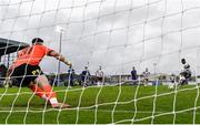 28 October 2023; Frantz Pierrot of Athlone Town scores his side's first goal from a penalty, past Waterford goalkeeper Sam Sargent, during the SSE Airtricity Men's First Division Play-Off semi-final second leg match between Waterford and Athlone Town at the RSC in Waterford. Photo by Seb Daly/Sportsfile
