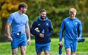 30 October 2023; Leinster players Ryan Baird, left, and Tommy O'Brien, right, with Elite player development officer Kieran Hallett, before Leinster Rugby squad training session at UCD in Dublin. Photo by Sam Barnes/Sportsfile