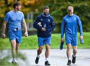30 October 2023; Leinster players Ryan Baird, left, and Tommy O'Brien, right, with Elite player development officer Kieran Hallett, before Leinster Rugby squad training session at UCD in Dublin. Photo by Sam Barnes/Sportsfile