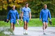 30 October 2023; Leinster players, from left, Fintan Gunne, Aitzol King and Hugh Cooney arrive befroe Leinster Rugby squad training session at UCD in Dublin. Photo by Sam Barnes/Sportsfile
