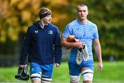 30 October 2023; Martin Moloney, left, and Brian Deeny arrive before Leinster Rugby squad training session at UCD in Dublin. Photo by Sam Barnes/Sportsfile
