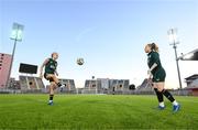 30 October 2023; Denise O'Sullivan, left, and Amber Barrett during a Republic of Ireland women training session at Loro Boriçi Stadium in Shkoder, Albania. Photo by Stephen McCarthy/Sportsfile