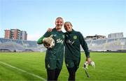 30 October 2023; Goalkeepers Courtney Brosnan, left, and Grace Moloney during a Republic of Ireland women training session at Loro Boriçi Stadium in Shkoder, Albania. Photo by Stephen McCarthy/Sportsfile