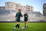 30 October 2023; Denise O'Sullivan, right, and Amber Barrett during a Republic of Ireland women training session at Loro Boriçi Stadium in Shkoder, Albania. Photo by Stephen McCarthy/Sportsfile