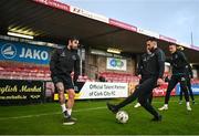 30 October 2023; Richie Towell, left, and Roberto Lopes of Shamrock Rovers before the SSE Airtricity Premier Division match between Cork City and Shamrock Rovers at Turner's Cross in Cork. Photo by David Fitzgerald/Sportsfile