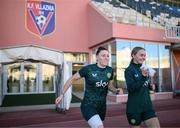 30 October 2023; Lucy Quinn, left, and Izzy Atkinson during a Republic of Ireland women training session at Loro Boriçi Stadium in Shkoder, Albania. Photo by Stephen McCarthy/Sportsfile