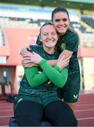 30 October 2023; Goalkeeper Courtney Brosnan and Jamie Finn, right, during a Republic of Ireland women training session at Loro Boriçi Stadium in Shkoder, Albania. Photo by Stephen McCarthy/Sportsfile