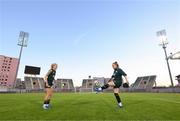 30 October 2023; Amber Barrett, right, and Denise O'Sullivan during a Republic of Ireland women training session at Loro Boriçi Stadium in Shkoder, Albania. Photo by Stephen McCarthy/Sportsfile